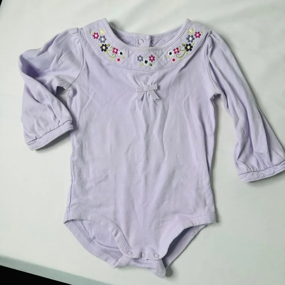 Y2K 2006 Gymboree Lilac Purple Long Sleeve Onesie w/ Floral Embroidered Collar
